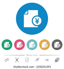 Yen financial report flat white icons on round color backgrounds. 6 bonus icons included.