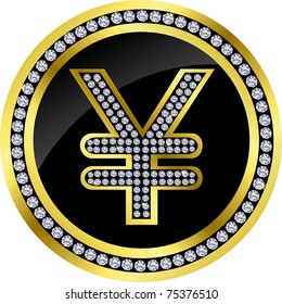 Yen golden icon with diamonds, vector