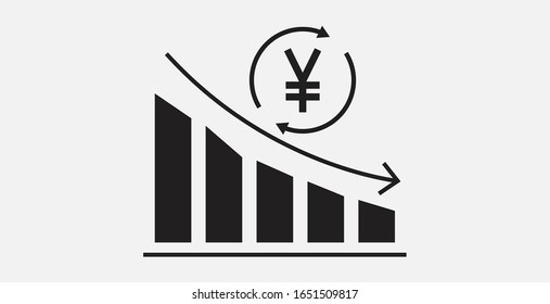 Un gráfico de Yen abajo un icono simple. Disminución de las finanzas, banca.Yen disminución del icono del vector gráfico