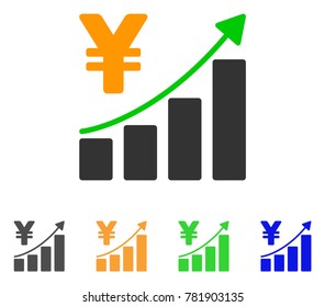 Yen Growth Graph icon. Vector illustration style is a flat iconic yen growth graph symbol with grey, green, blue, yellow color variants. Designed for web and software interfaces.