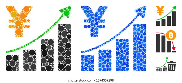 Yen growth graph mosaic of filled circles in various sizes and color tones, based on yen growth graph icon. Vector random circles are united into blue mosaic.