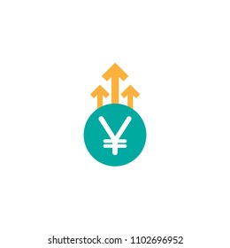 yen growth vector icon. White sign in blue circle with three up arrows. Flat icon. Isolated on white. Economy, finance, money symbol. Currency pictogram. Vector illustration.
