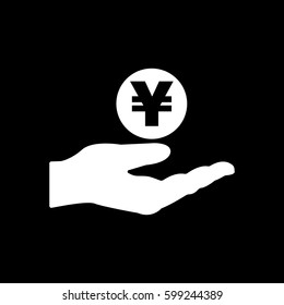 Yen in hand icon. Wealth, money, investments, savings symbol. Flat design. Stock - Vector illustration