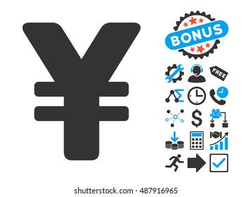 Yen icon with bonus pictogram. Vector illustration style is flat iconic bicolor symbols, blue and gray colors, white background.