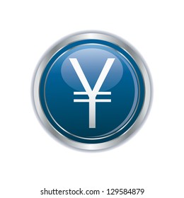 Yen icon on the blue with silver button. Vector illustration