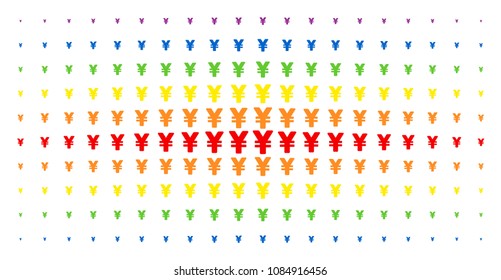 Yen icon spectrum halftone pattern. Vector yen shapes are arranged into halftone array with vertical rainbow colors gradient. Constructed for backgrounds, covers, templates and abstraction effects.