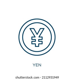yen icon. Thin linear yen outline icon isolated on white background. Line vector yen sign, symbol for web and mobile