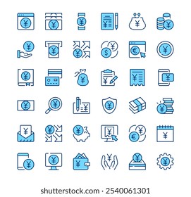 Yen icons. Outline symbols. Vector blue line icons set