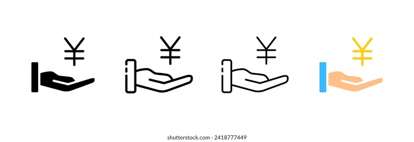 Yen inside palm icons. Different styles, set of Yen coins, palm icons. Vector icons