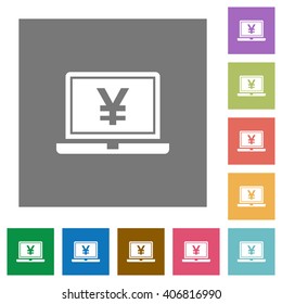 Yen laptop flat icon set on color square background.