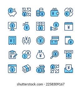 Yen line icons. Set of japanese yen icons. Blue color. Vector line icons set