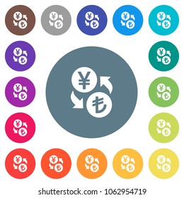 Yen Lira money exchange flat white icons on round color backgrounds. 17 background color variations are included.