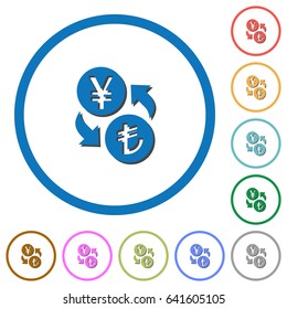 Yen Lira money exchange flat color vector icons with shadows in round outlines on white background