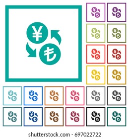 Yen Lira money exchange flat color icons with quadrant frames on white background