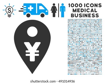 Yen Map Marker icon with 1000 medical commerce gray and blue vector pictographs. Set style is flat bicolor symbols, white background.
