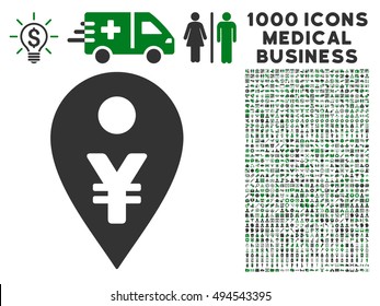 Yen Map Marker icon with 1000 medical commerce green and gray vector pictographs. Design style is flat bicolor symbols, white background.