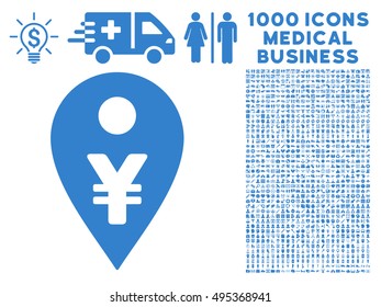 Yen Map Marker icon with 1000 medical commercial cobalt vector pictographs. Set style is flat symbols, white background.