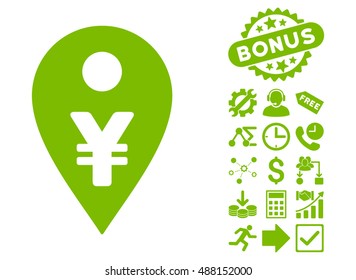 Yen Map Marker icon with bonus symbols. Vector illustration style is flat iconic symbols, eco green color, white background.