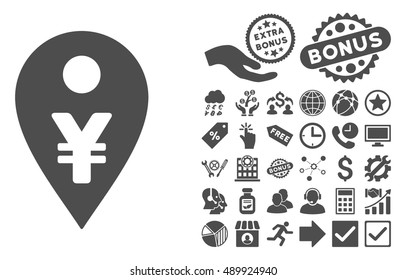 Yen Map Marker icon with bonus symbols. Vector illustration style is flat iconic symbols, gray color, white background.