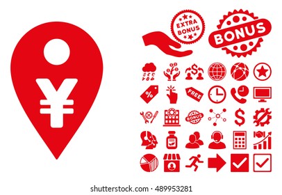 Yen Map Marker icon with bonus icon set. Vector illustration style is flat iconic symbols, red color, white background.