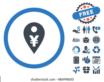 Yen Map Marker icon with free bonus pictogram. Vector illustration style is flat iconic bicolor symbols, smooth blue colors, white background.