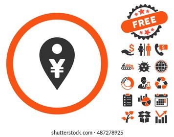 Yen Map Marker icon with free bonus pictogram. Vector illustration style is flat iconic bicolor symbols, orange and gray colors, white background.