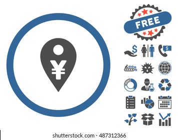 Yen Map Marker icon with free bonus symbols. Vector illustration style is flat iconic bicolor symbols, cobalt and gray colors, white background.