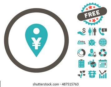 Yen Map Marker icon with free bonus images. Vector illustration style is flat iconic bicolor symbols, grey and cyan colors, white background.