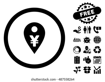 Yen Map Marker icon with free bonus clip art. Vector illustration style is flat iconic symbols, black color, white background.