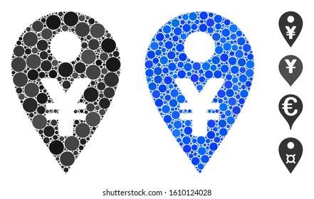Yen map marker mosaic of round dots in variable sizes and shades, based on yen map marker icon. Vector round elements are combined into blue mosaic.