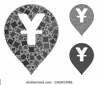 Yen map marker mosaic of uneven elements in various sizes and color tones, based on yen map marker icon. Vector uneven dots are grouped into mosaic. Yen map marker icons collage with dotted pattern.
