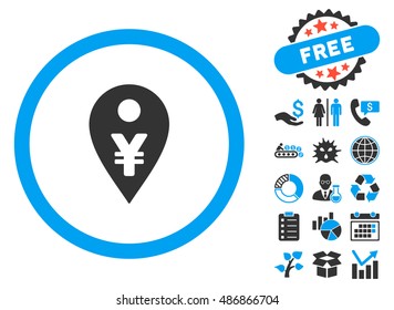 Yen Map Marker pictograph with bonus clip art. Vector illustration style is flat iconic bicolor symbols, blue and gray colors, white background.