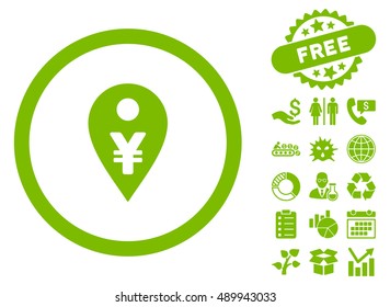 Yen Map Marker pictograph with free bonus elements. Vector illustration style is flat iconic symbols, eco green color, white background.
