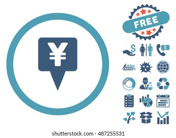 Yen Map Pointer icon with free bonus pictogram. Vector illustration style is flat iconic bicolor symbols, cyan and blue colors, white background.