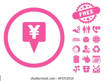 Yen Map Pointer icon with free bonus symbols. Vector illustration style is flat iconic symbols, pink color, white background.