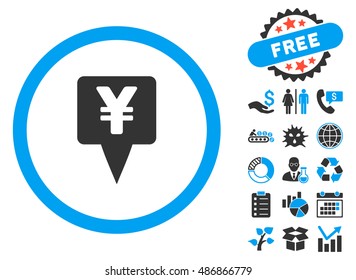 Yen Map Pointer pictograph with bonus images. Vector illustration style is flat iconic bicolor symbols, blue and gray colors, white background.