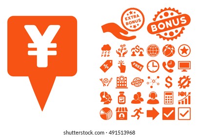 Yen Map Pointer pictograph with bonus elements. Vector illustration style is flat iconic symbols, orange color, white background.