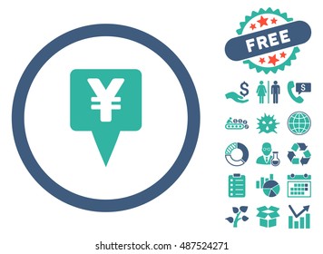 Yen Map Pointer pictograph with free bonus design elements. Vector illustration style is flat iconic bicolor symbols, cobalt and cyan colors, white background.