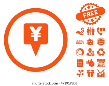 Yen Map Pointer pictograph with free bonus elements. Vector illustration style is flat iconic symbols, orange color, white background.