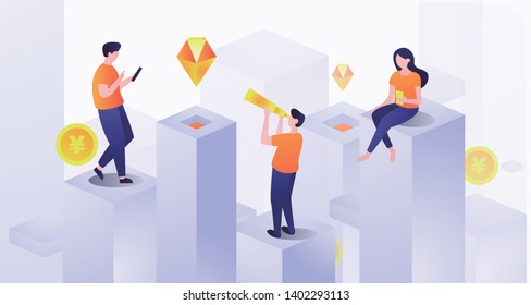 Yen mining to get wealth characters. Flat vector illustration