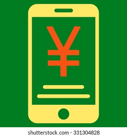 Yen Mobile Payment vector icon. Style is flat bicolor orange and yellow symbol, rounded angles, green background.