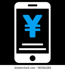 Yen Mobile Payment vector icon. Illustration style is a flat iconic bicolor blue and white symbol on black background.