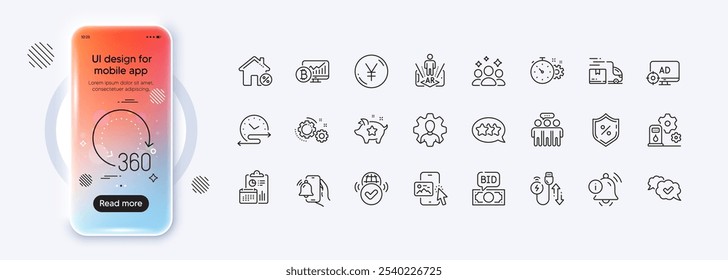 Yen money, Bitcoin chart and 360 degrees line icons for web app. Phone mockup gradient screen. Pack of Squad, Gears, Filling station pictogram icons. Vector