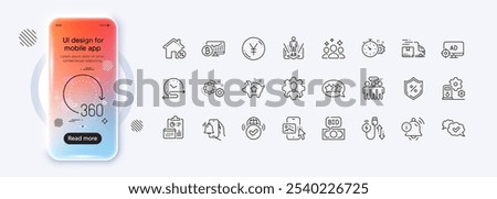 Yen money, Bitcoin chart and 360 degrees line icons for web app. Phone mockup gradient screen. Pack of Squad, Gears, Filling station pictogram icons. Vector