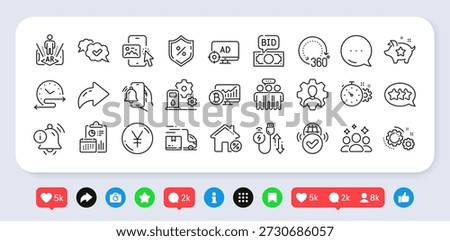 Yen money, Bitcoin chart and 360 degrees line icons pack. Social media: share, comment, like icons. Squad, Gears, Filling station web icon. Report, Time schedule, Employees group pictogram. Vector