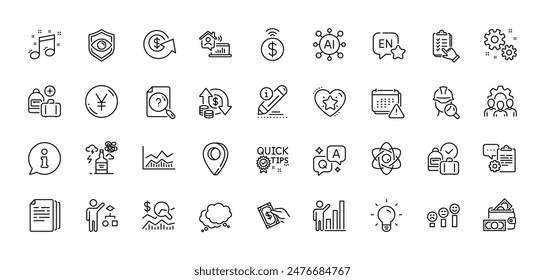 Yen money, Eye detect and Team work line icons pack. AI, Question and Answer, Map pin icons. Alcohol addiction, Algorithm, Trade infochart web icon. English, Quick tips, Work home pictogram. Vector