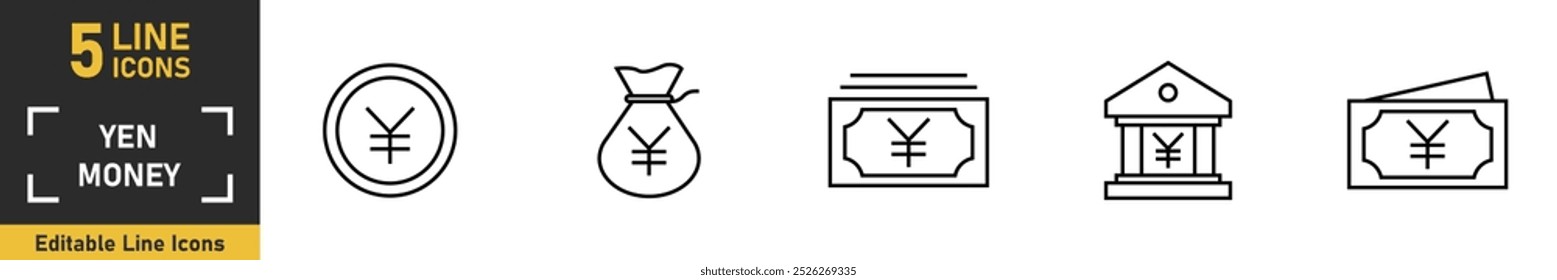 Iene Money linha ícone definido. Conjunto de 5 ícones de esboço relacionados com dinheiro de iene, moeda, dinheiro, dinheiro e muito mais. Ilustração vetorial.