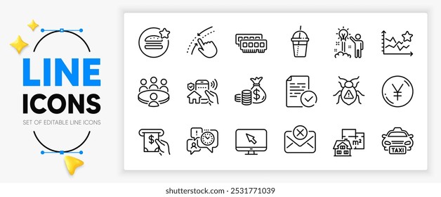 Yen money, Ranking stars and Software bug line icons set for app include Coins bag, Time management, Atm service outline thin icon. Internet, Best food, Compliance pictogram icon. Vector