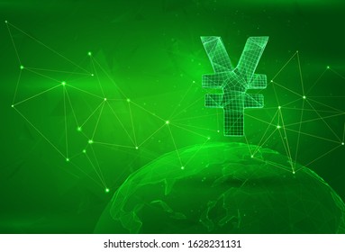yen money symbol over a polygonal planet, on a green background. global data calculation