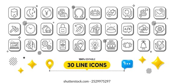 Yen money, Time and Gas station line icons pack. 3d design elements. Sound check, Ab testing, Co2 gas web icon. Hammer blow, Furniture moving, Moon pictogram. Inspiration, Star, Lock. Vector